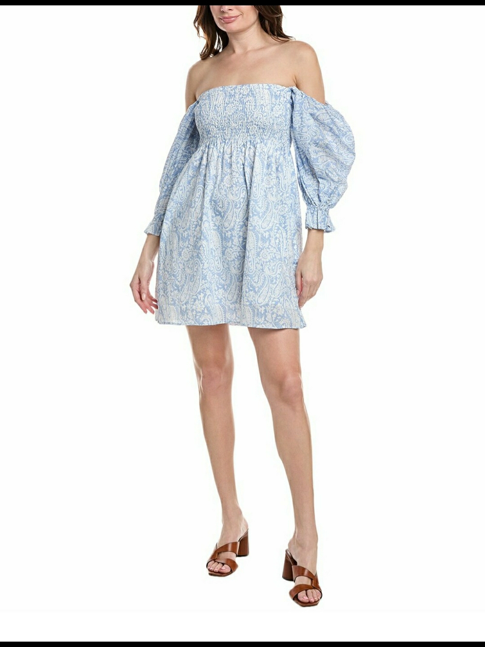 Smocked Off-Shoulder Mini Dress in Light Blue Paisley